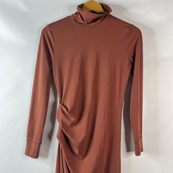 Athleta Womens Havana Terracotta Midi Dress Ruched Sheath Turtleneck Wool XS - Picture 3 of 11